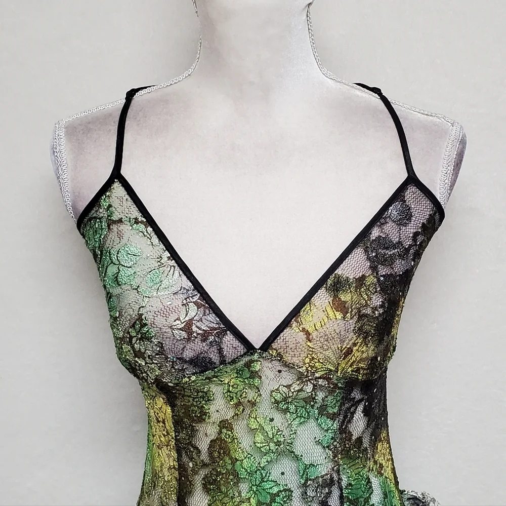 80s Rare Vintage Surprise Parties Green Tie-Dye Sheer Lace Lace-up Bustle Dress - Picture 6 of 16